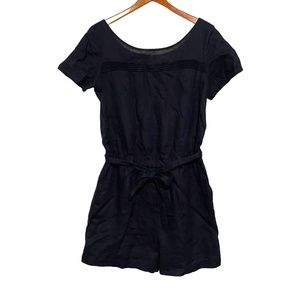 LOFT Navy Blue Linen Short‎ Sleeve Romper with Tie Sash Belt Size 4
